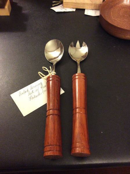 Stainless steel salad set with handcrafted Padauk handles